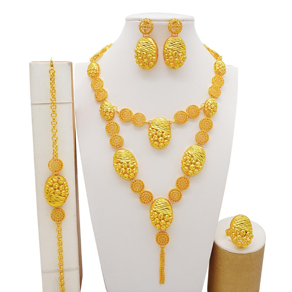 Set de bijuterii de culoare aurie din Dubai indian pentru femei Set de colier lung de mireasă, colier nigerian, bratara, cercei, seturi de inele
