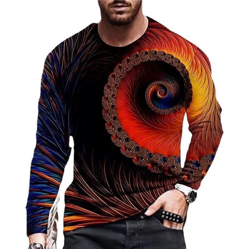 Spring and Autumn Round Neck Colorful Abstract Pattern 3D Printed Top Fashionable Casual Long Sleeved Men's T-shirts