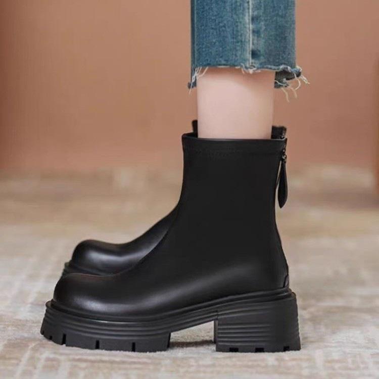 Soft leather platform cigarette boots short boots New velvet Martin boots Autumn and winter British style Chelsea boots