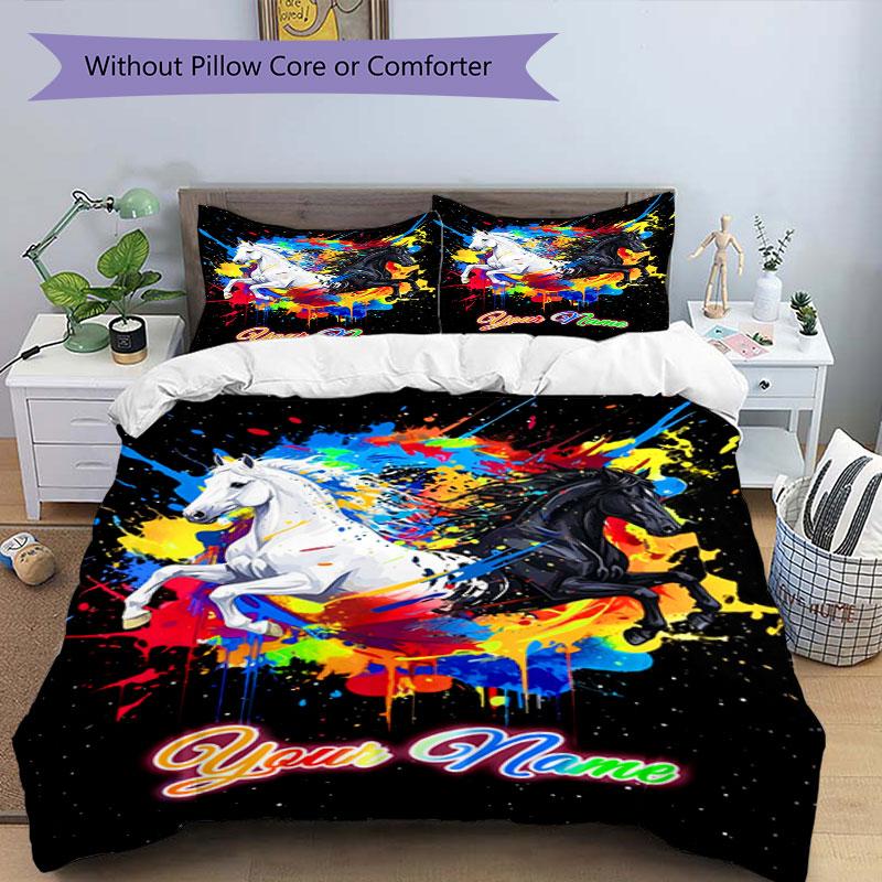 3PC Custom Name Colorful Horse Splash Art Bedding,soft and breathable,2D Flat Print,room decor.,Poster Three-piece set,Soccer Three-piece set,Art,Post