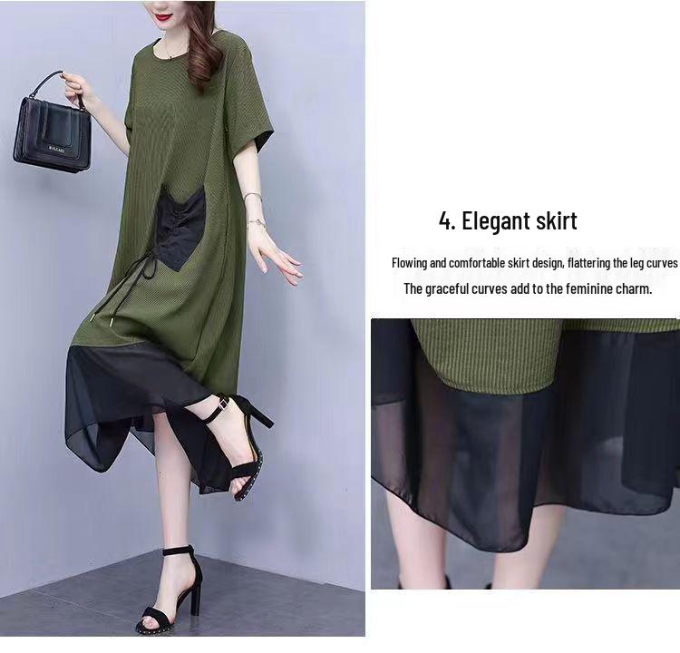 Ice Silk Striped Dress: Plus Size, Age-Defying, Loose Fit, Slimming Fashion