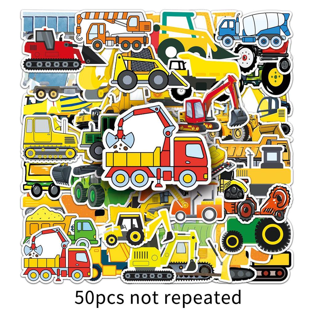 50 Sheets Cartoon Construction Vehicle Stickers for Kids – Waterproof Decoration for Journals, Notebooks, and Phones.
