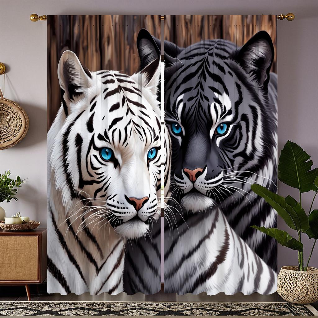2pc Double tiger print curtains   polyester fabric   machine washable   suitable for bedroom and living room decoration