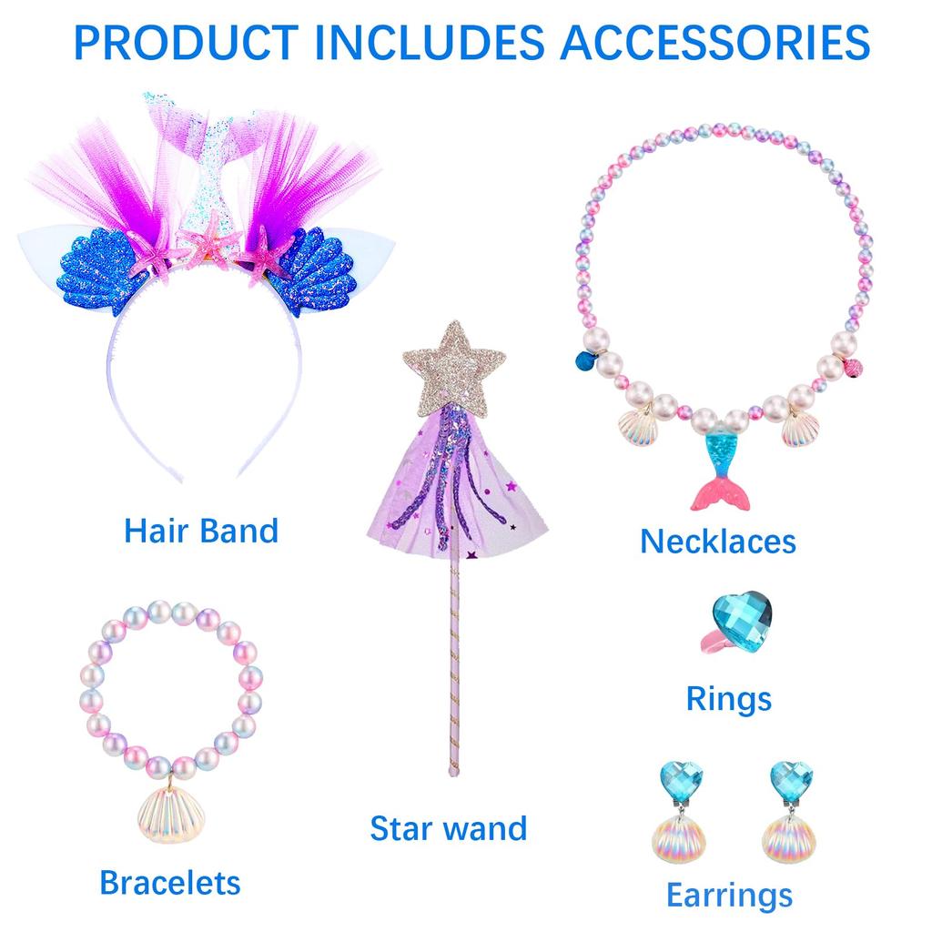 Mermaid Dress, Kids' Princess Dress, Deluxe Princess Dress 8-Piece Set (Necklace, Bracelet, Earrings, Magic Wand, Ring, Hairband, and Skirt)