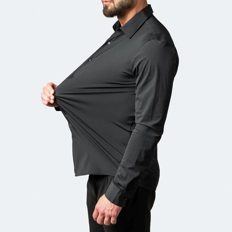 Herren Langarm Slim Fit Hemd mit Knöpfen Uni Schwarz