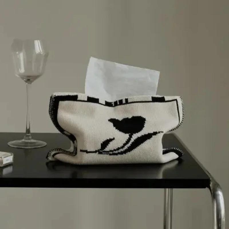 Nordic Ins Heart-pattern Knitted Tissue Bag Living Room Table Tissue Box Paper Storage Desktop Decorative Tissue Case Paper Box
