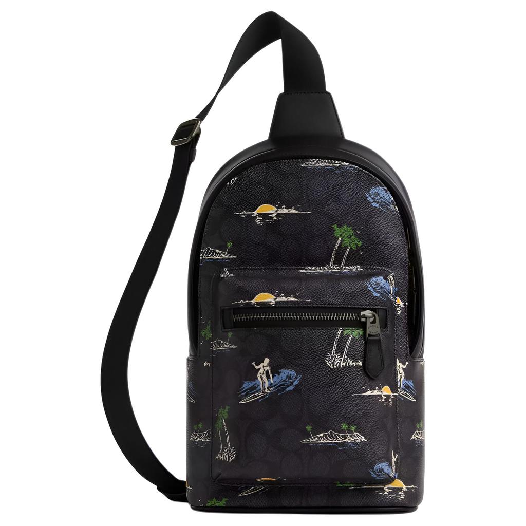 Coach Waist 19 Surf Print Brand Logo Signature Coated Canvas And Smooth Calfskin Waist Bag Small Unisex Waist Bag Black CBJ12-QBA5F