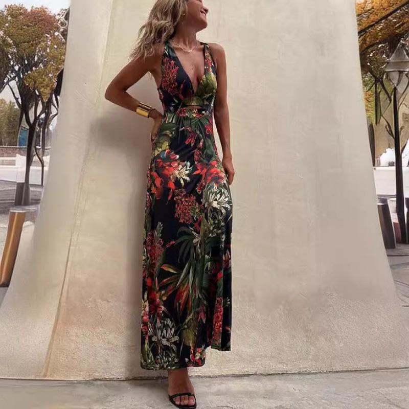 2023 European & American Sexy Print Spaghetti Strap Vacation Dress for Women