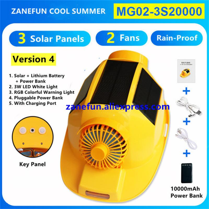 Helmet With 3 Solar Panels 2 Fans LED Light RGB Warning Rechargeable Lithium Battery Power Bank Outdoor Work Solar Fan ABS Cap
