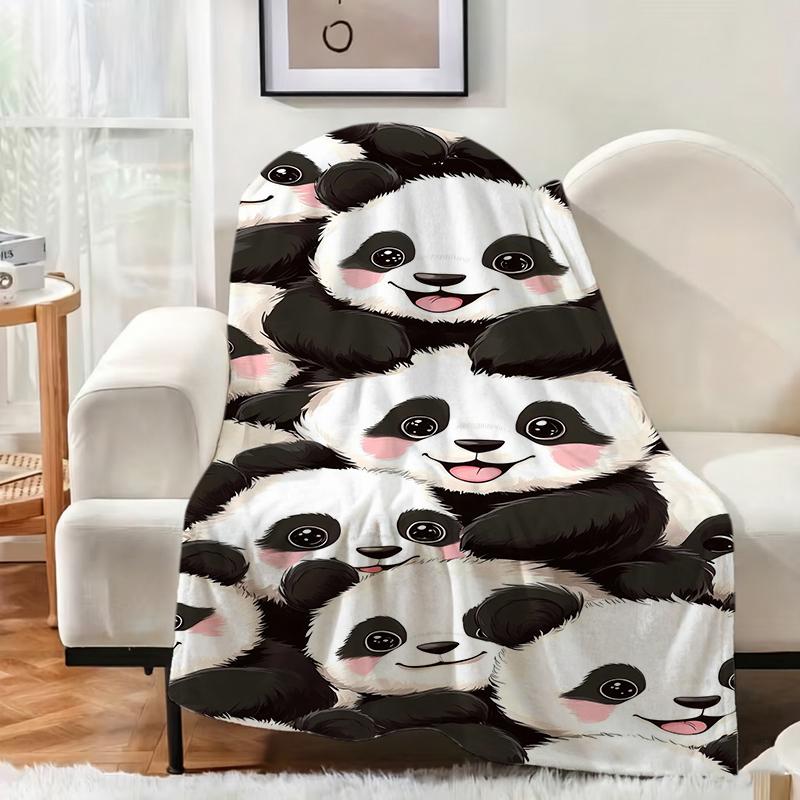 Light Purple Cartoon Panda Bamboo Leaf Cute Flannel Blanket For Cozy Bedroom Decor Lightweight Plush Throw Blanket Accent