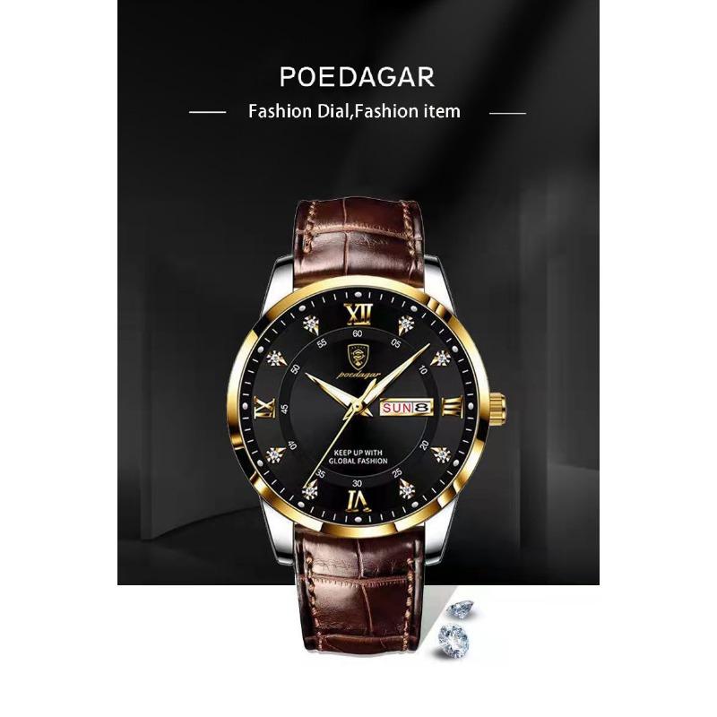 POEDAGAR Casual High Quality Men Watch Waterproof Luminous Leather Original Wristwatch Quartz Business Watches for Men Reloj