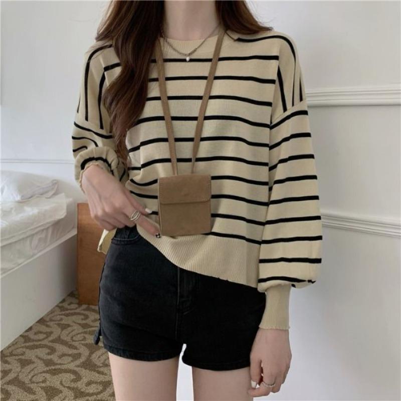 

Необычный полосатый свитер, пуловер, весна 2023, дизайн Sense, разделенный сзади, свободный рукав, пуловер с круглым вырезом, свитер, вязаный топ для женщин One Size абрикосовый