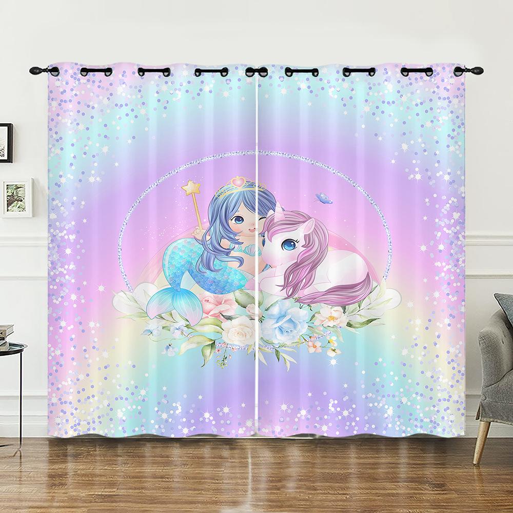 Curtains Cartoon Unicorn Decorative Sunshade Digital Printing Curtains Blackout Free Punching