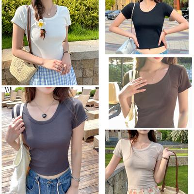 Pure Cotton Round Neck Shoulder Short Sleeve Women's Body T-shirt Spring Summer Short Slim-fit Base Shirt Senior Sense Plus Size Women's Wear