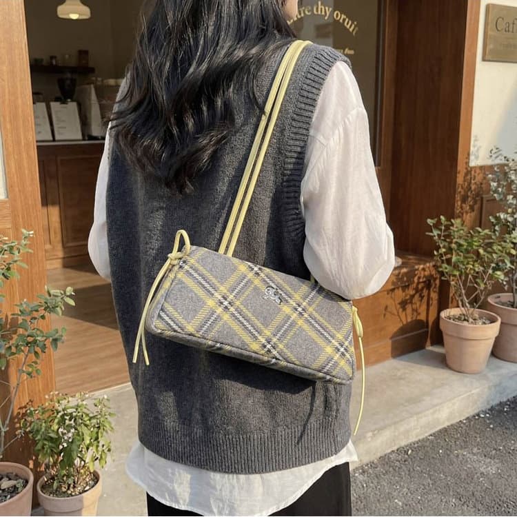 Plaid drawstring armpit bag women's shoulder bag
