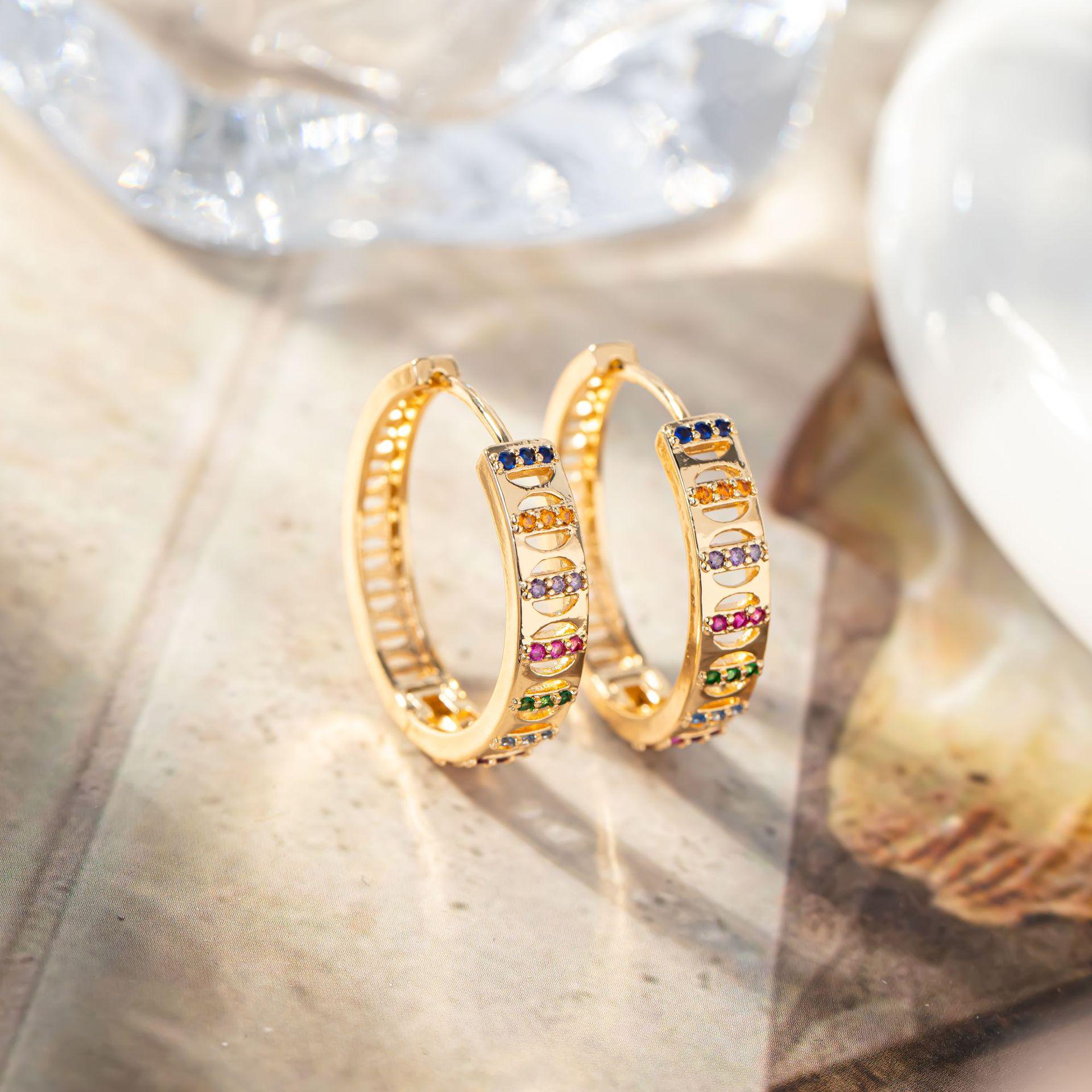 Gold-Plated French Rainbow Rhinestone Hoop Earrings with Openwork Design