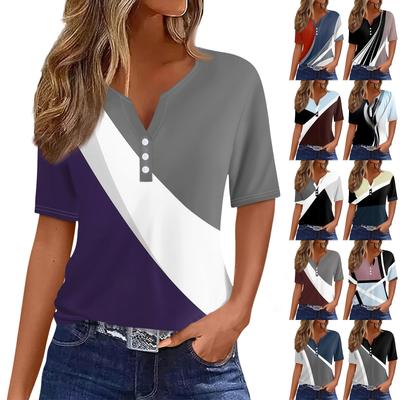 Kadın T-Shirt Tişört Baskı Düğme Kısa Kollu Tunik Günlük Hafta Sonu Modası Temel V Yaka Normal Üst