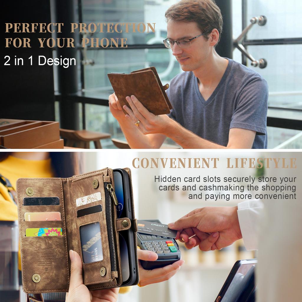 For iPhone 14 Pro Max Wallet Case with Strap Zipper Wallet Card Slots & Detachable Magnetic PU Leather Case Wallet for Women/Men
