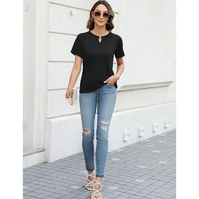 YYFS Women's Fashion Casual Summer Spring Solid Color Print Short Sleeve O-Neck Blouses & Shirts