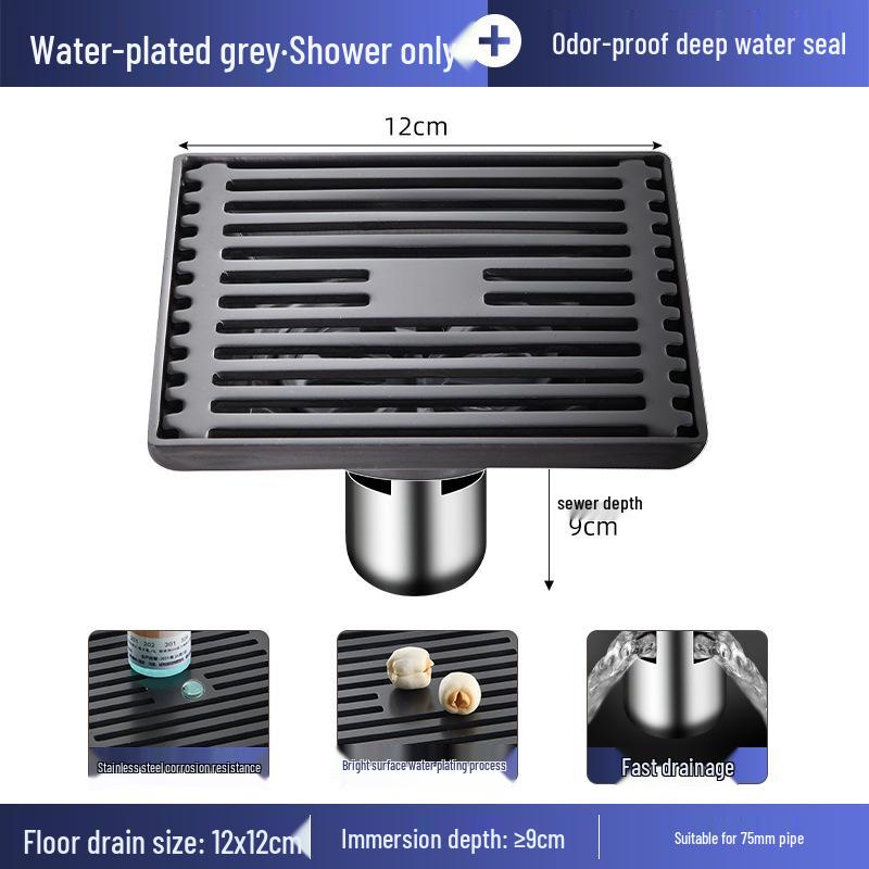 Gunmetal Gray 304 Stainless Steel Odor-Resistant Floor Drain with Copper Core for Shower & Washing Machine.