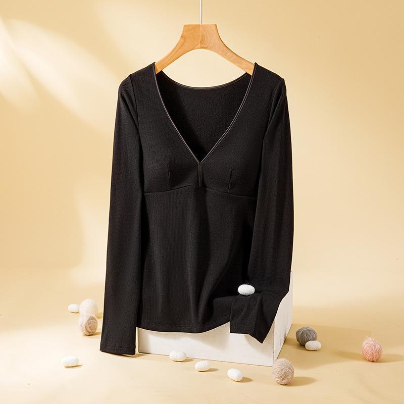 Women's Winter V-Neck Warm Tops with Chest Pads, Double-Sided Brushed Velvet, and Seamless Thickened German Velvet Bras