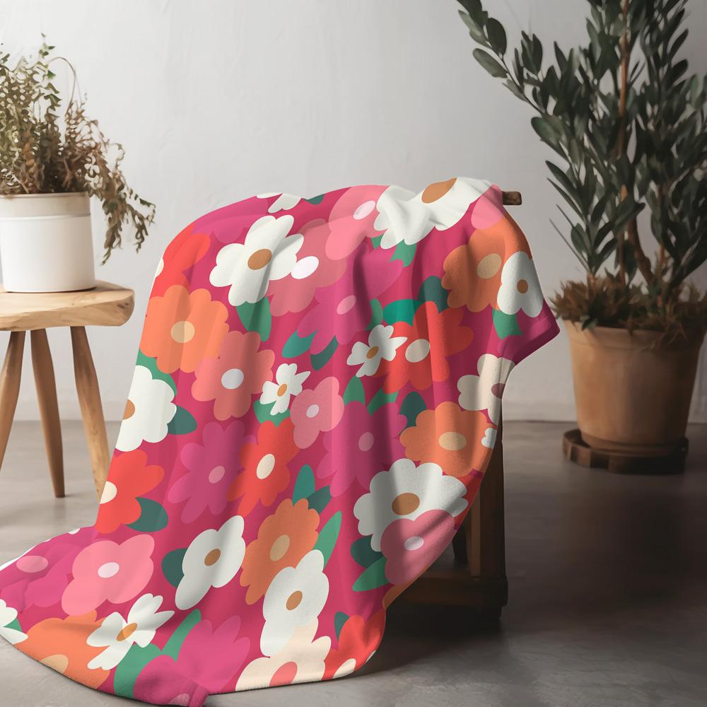 Vibrant Floral Print Fleece Blanket - Retro Flower Design Soft Warm Throw Blanket for Sofa Bed Couch Gift