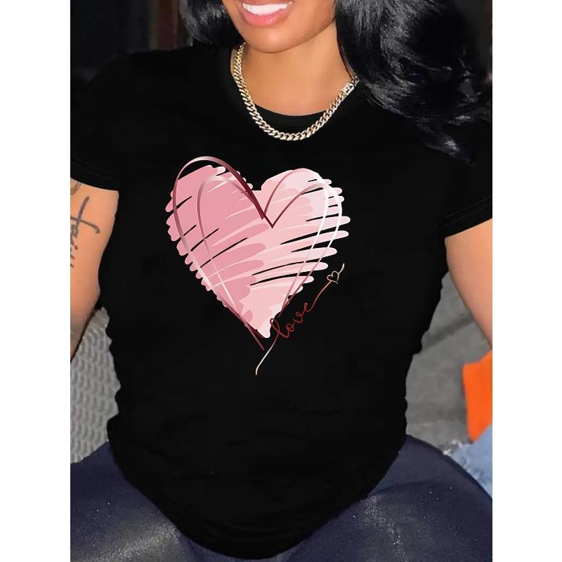 

European Size Women s Valentine s Day Love Heart Graphic T-Shirt - Soft, Breathable Short Sleeve Casual Top in White with Pink Hearts 4XL чорний