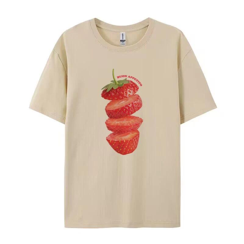 FeUnisex Cute Strawberry T Shirt Grunge Y2k Aesthetic Fruit Graphic Tees Loose Vintage Streetwear Tops Women Cottagecore Clothes