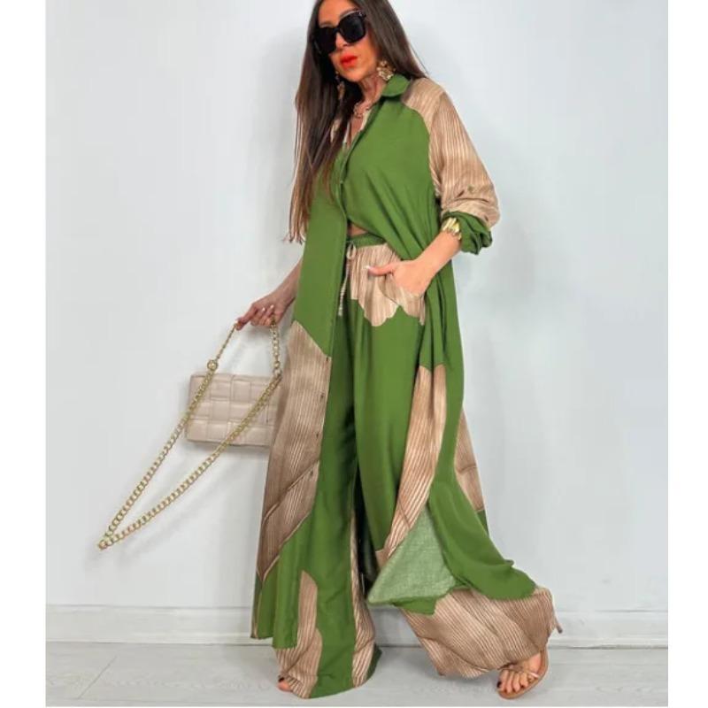 Set Elegante Primavera Estate Moda Stampata Camicia Lunga Pantaloni a Gamba Larga Completo Casual Lento Oversize Set Donna