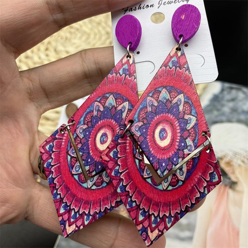 Vintage Painted Big Wooden Earrings Ethnic Exaggerated Pattern Geometric Statement Drop Earrings Vacation Party Jewelry