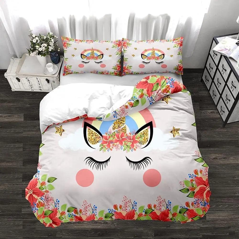 Unicorn Cute Bedding Set Single Twin Full Queen King Size Polyester Bedroom Duvet Cover Aldult Kids Comforter Quilt Cover Set