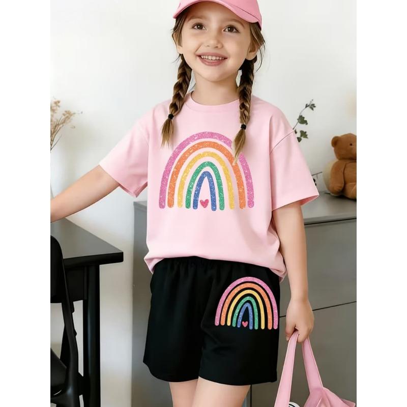 Summer Children's Fun Rainbow Graphic T-Shirt Set Crew Neck Short Sleeves + Elastic Waist Shorts 2PCS Set Casual Girls Clothing