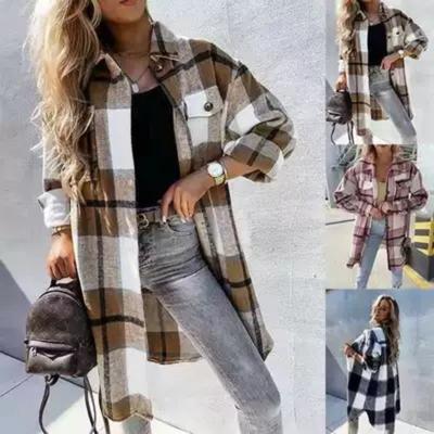 Shirt Jacket Women's Plaid Pattern Pocket Design Shacket Checkered Winter Plaid Jacket Overshirt Warm Button Coat Women