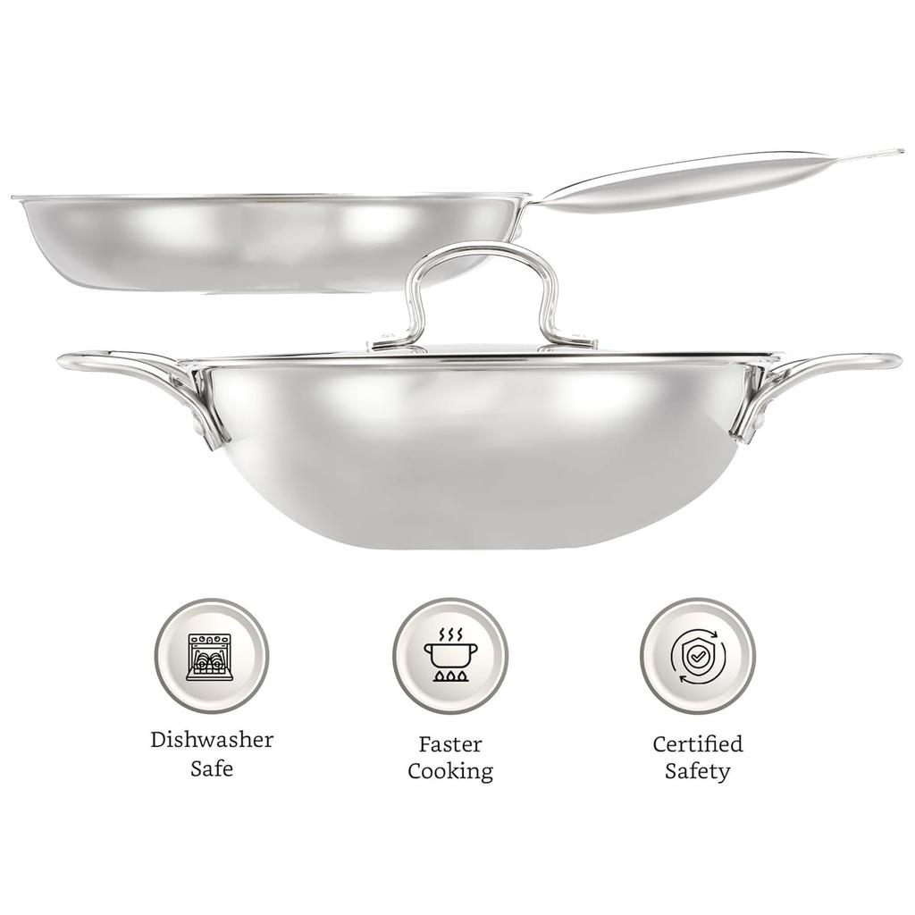 Triply Stainless Steel 2 Piece Cookware Set (Kadhai/Wok with Lid-24 Cm, Fry Pan-24 Cm) Induction and Gas Stove Compatible