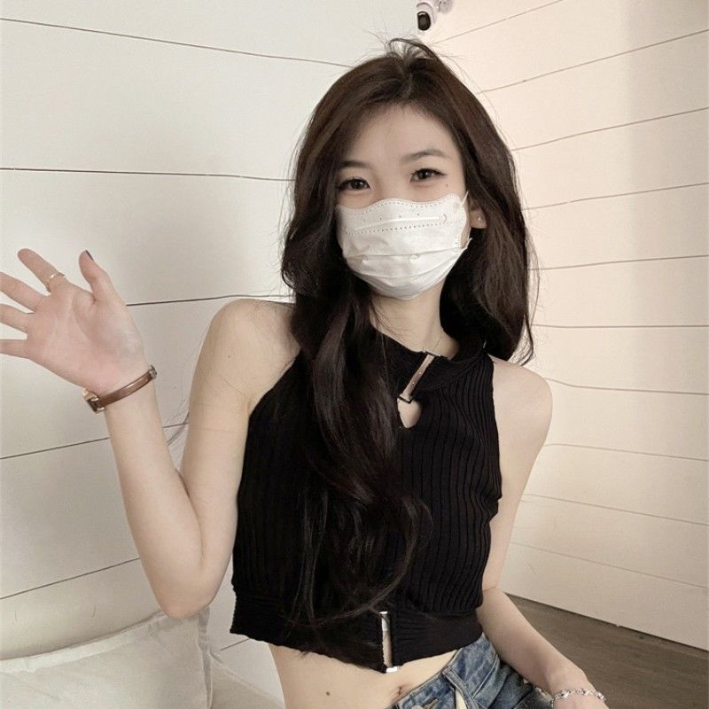 

Knitted Vest Women s Outerwear Hot Girl Hollow-out Halter Sleeveless Base Layer Inner Wear Short Top Summer one size чорний