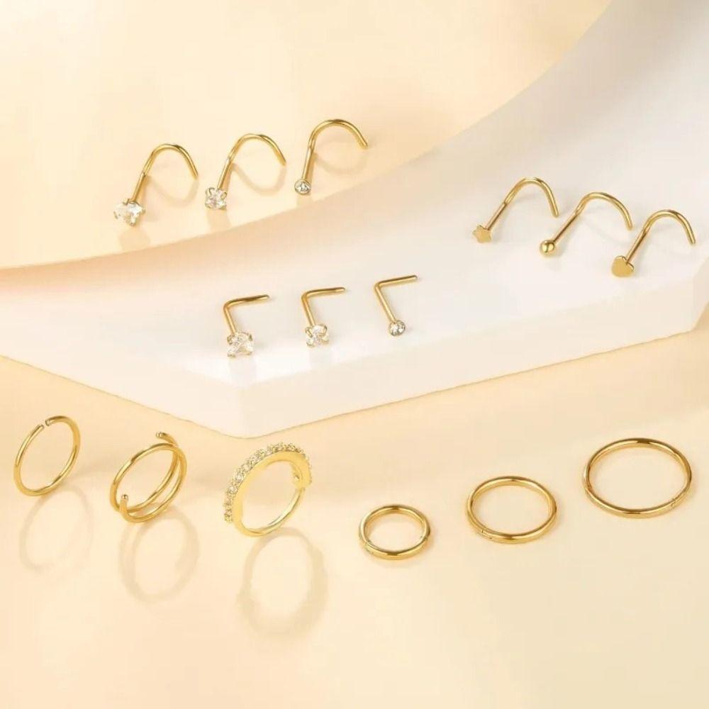 15Pcs L Ring Hoop Double Nose Rings Mixed Body Clips Hoop  for Women Men