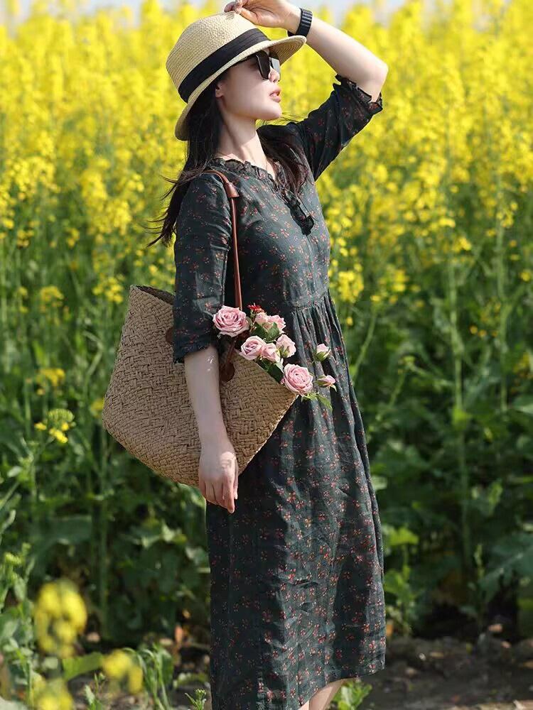 

2025 лето новое кружевной воротник с принтом хлопок и лен платье женское ретро легкая роскошь свободное и стройнящее рукав три четверти длинное платье M