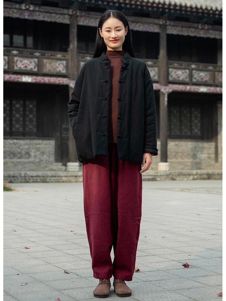 Winter Retro Chinese Cotton-Linen Women’s Coat - Solid Color, Stand Collar, Frog Button, Thickened Warm Jacket