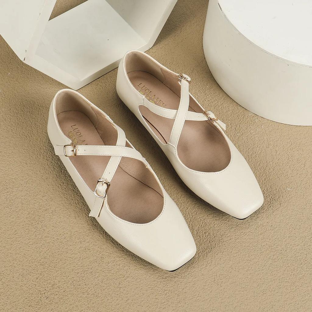 Fashion Low Heeled Mary Jane Single Shoes 2025 Women Shoes Retro Shallow Ballet Shoes Cross Buckle Shallow Soft Sole Flats Plus Size 44