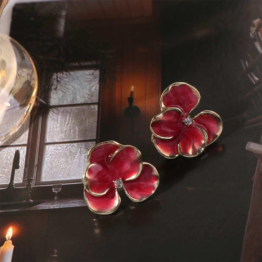 Rhinestone 3D Petal Flower Earrings Cute Five Petals Earrings Fashion Flower Stud Earrings Women