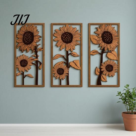 Boho Wall Accents 3Pcs Vintage Sunflower Wooden Decor, Farmhouse Cutout Wood Decor Art, Rustic Hanging Ornament for Living Room Bedroom Home