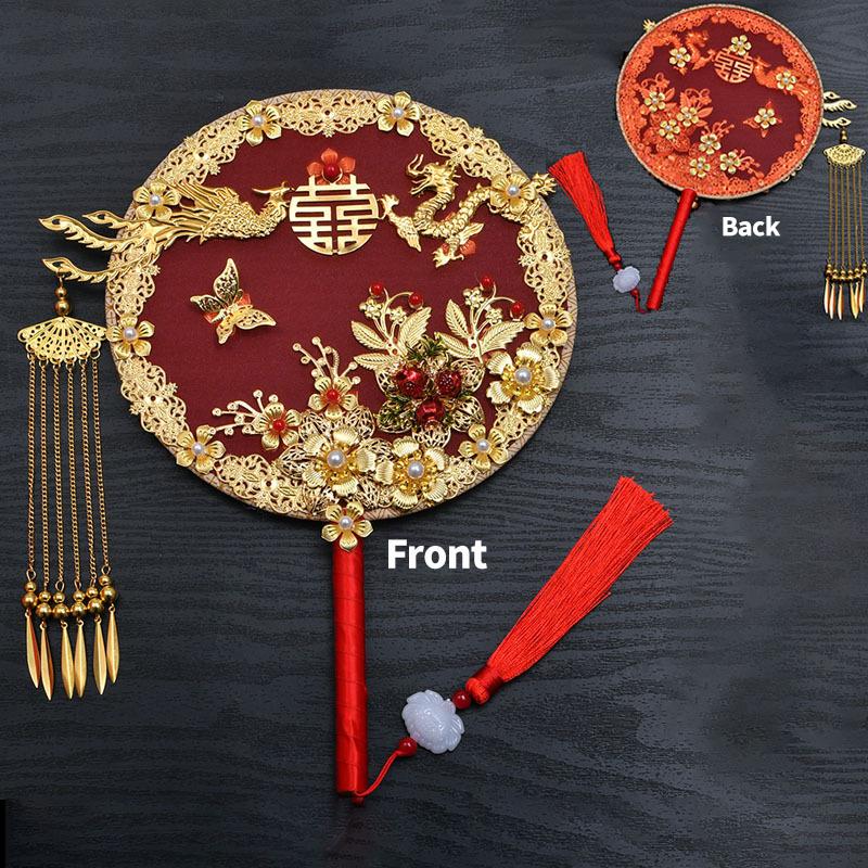 Vintage Chinese Wedding Dress Hanfu Decorative Fans Bridal Round Hand Fans Dragon Phoenix Handmade Gold Red Photography Fan Prop