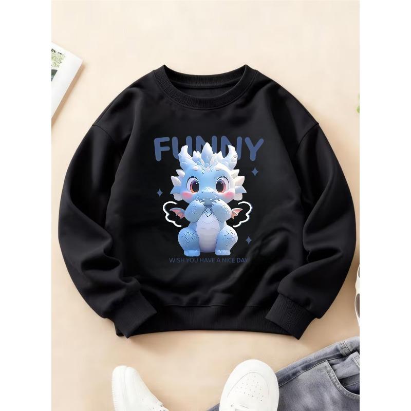 Kids Crewneck Long Sleeve Sweatshirt, Cute Cartoon Blue Dragon With  FUNNY  Print 110