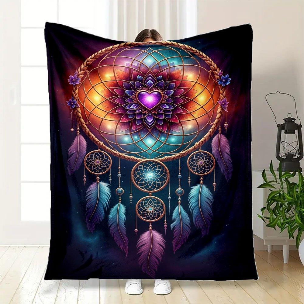 "Bohemian Dreamcatcher Wall Art: Vibrant Feather Mandala Decor"Blanket Flannel Throw Blanket for Sofa, Bed, Travel, Camping, Office, Couch,