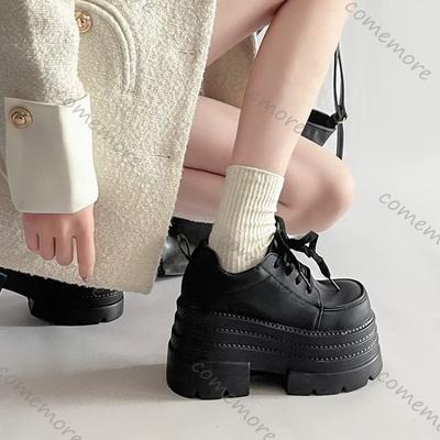 Damen Schuhe Trend Britischer Stil Höhenerhöhung Slipper Neu Mary Janes Dicksohlige Schnürpumps Leder Schwarz Klobige Absätze