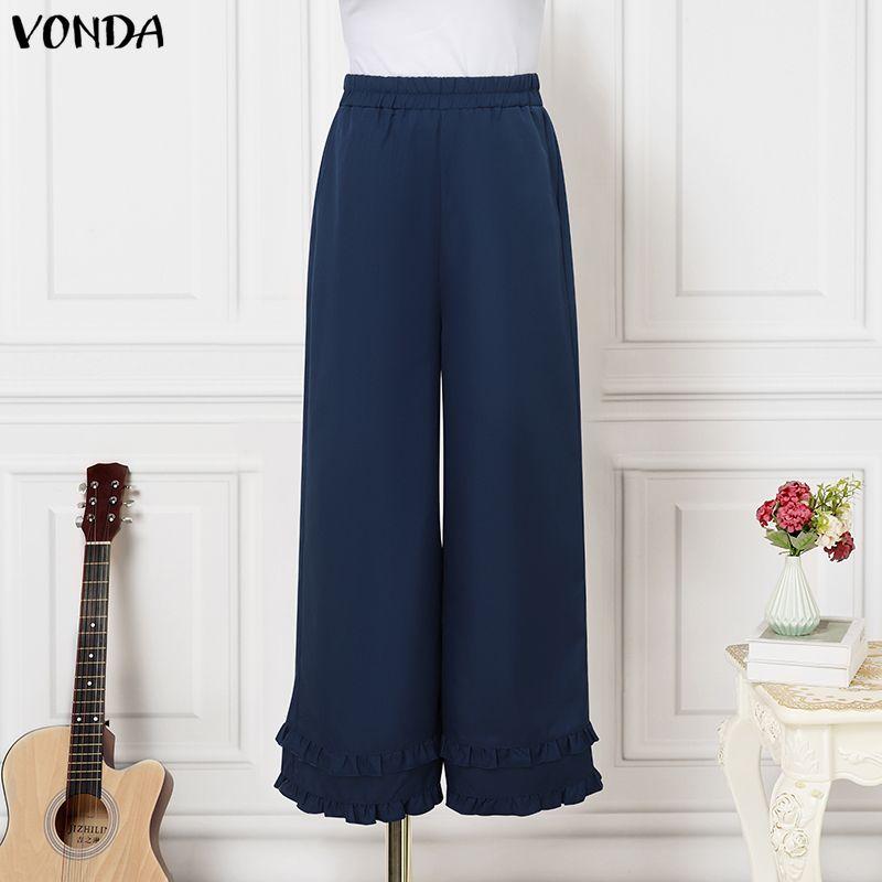 VONDA Women Casual Elastic Waist Casual Nonelastic Wide Leg Pants Ruffled Hem Trousers