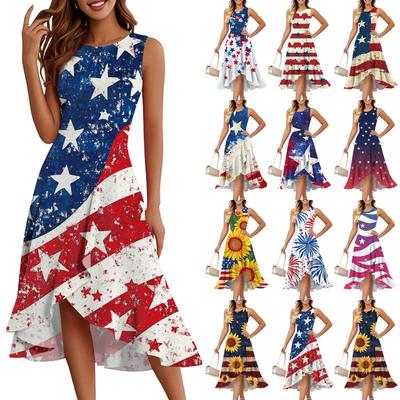 Women's Fashion Casual Zip Sleeveless Round Neck Independence Day Printed Elegant Temperament Ruffles Dress Dresses
