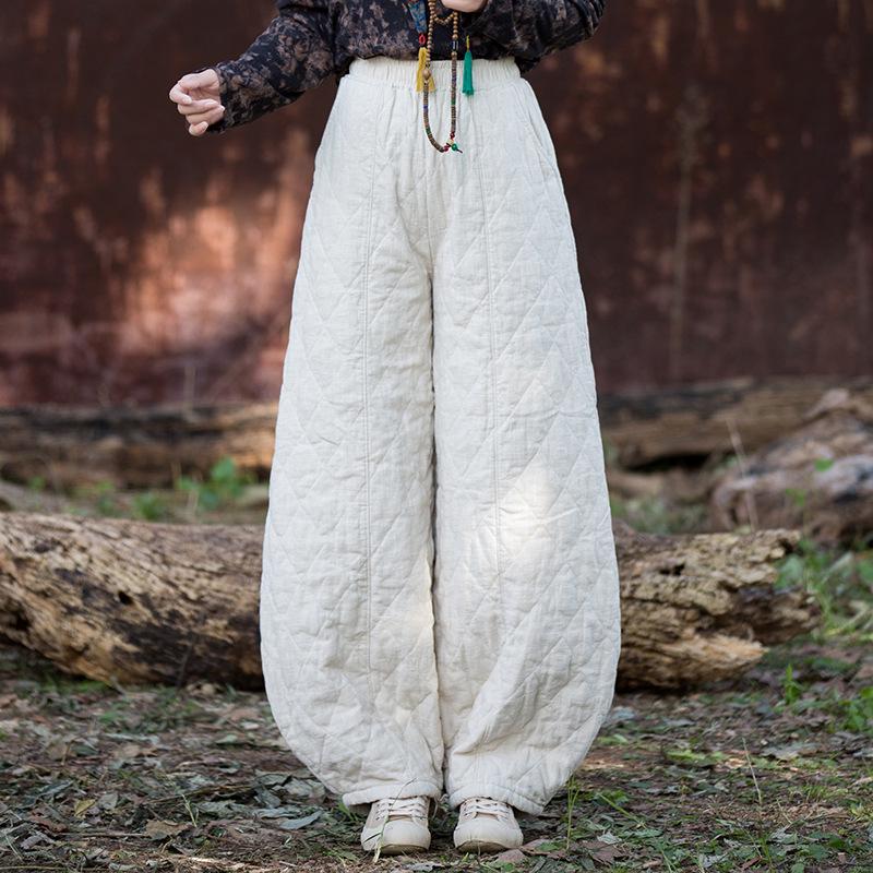 2025 Winter Women's Retro Quilted Diamond Pattern Lantern Pants - Thick Warm Cotton Linen