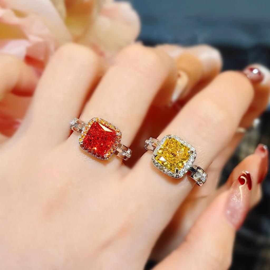 Square High Carbon Diamond Necklace Ring Women'S Ice Flower Cut Yellow Diamond Red Stone Square Bag Colorful Treasure Set
