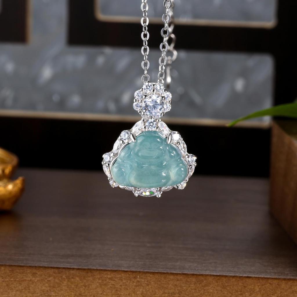Burmese Blue Water Jade Gourd Pendant Necklace with S925 Silver - Chinese Style for Women